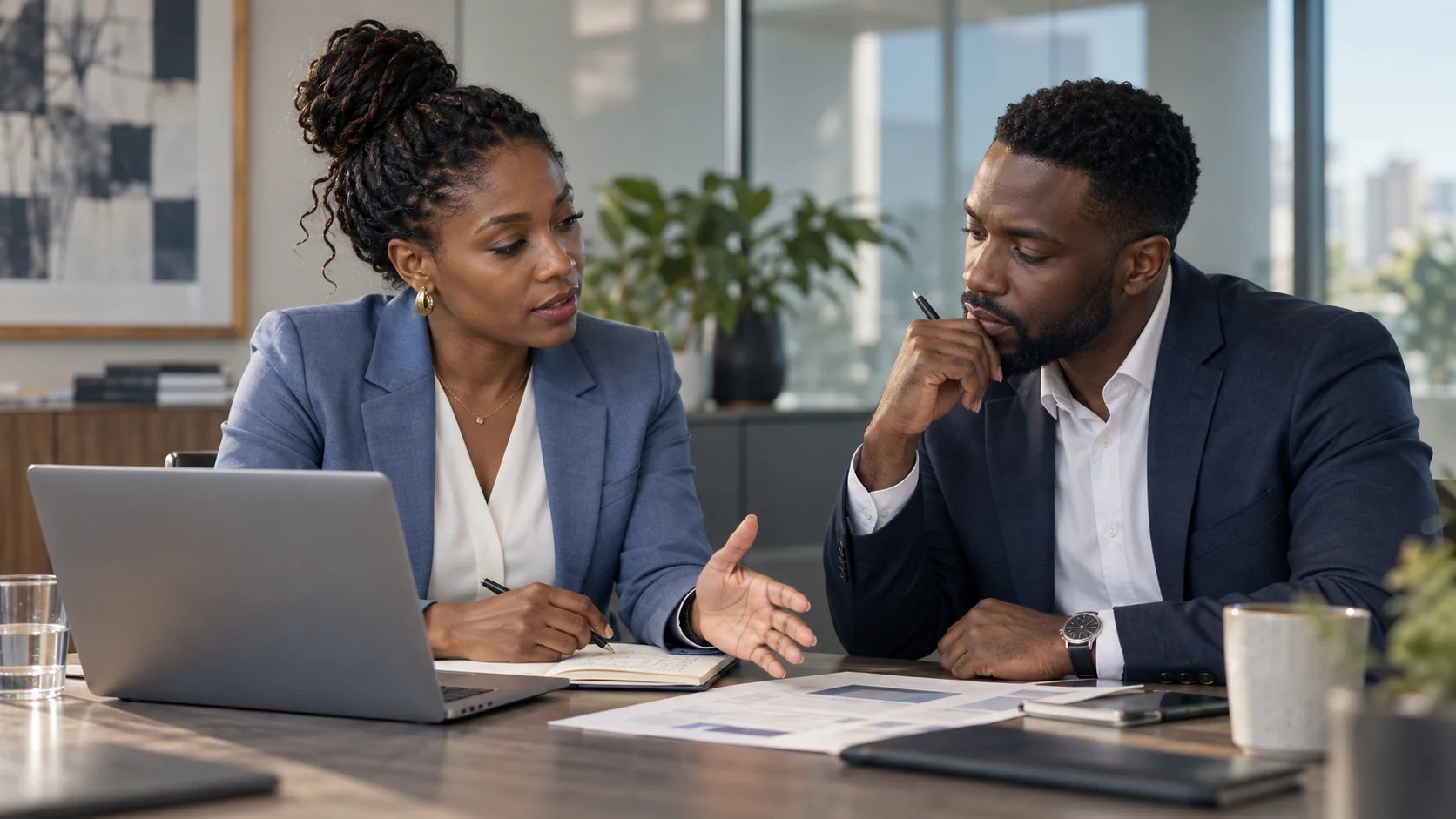 A Caribbean professional woman and man engaged in a practical advisory discussion