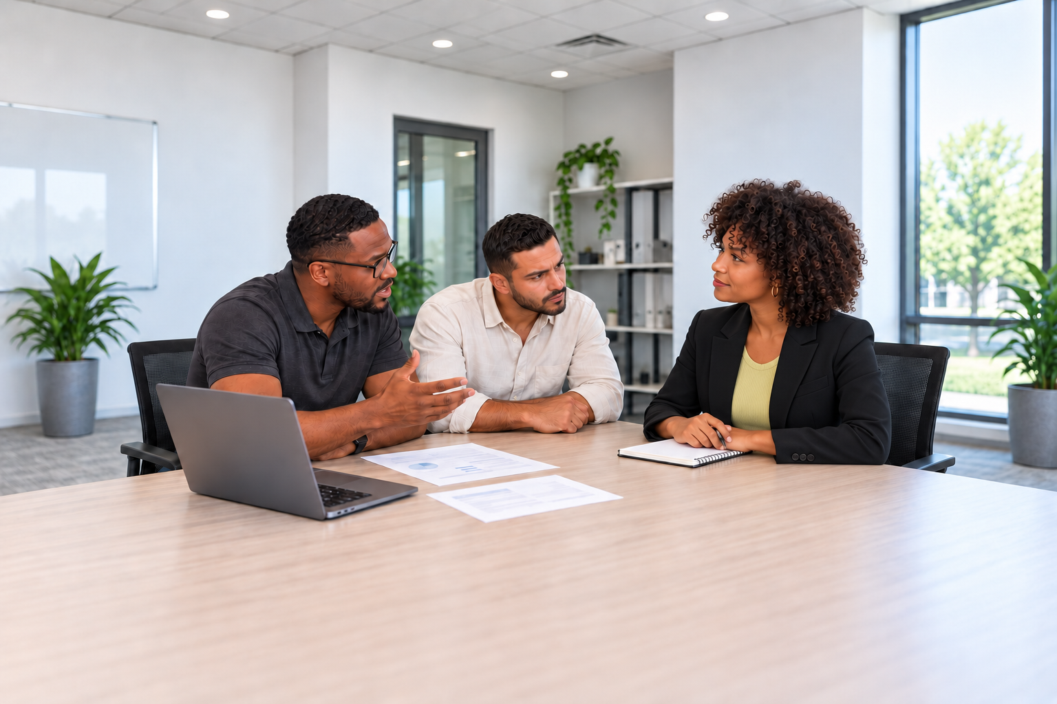 A group of professionals considering an idea together around a table