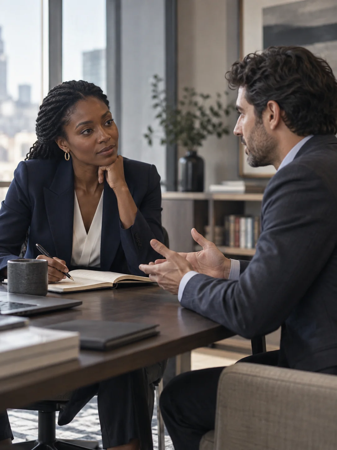 A consultant listening closely during a thoughtful advisory discussion
