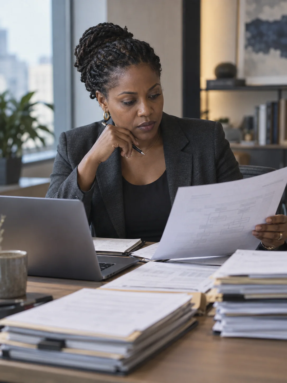 A professional comparing paperwork and digital information at her desk